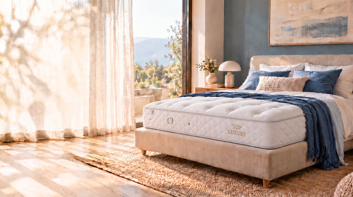Quarto com colchão Noites Tranquilas, cama feita junto a uma janela com luz natural